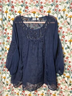 Cato Navy Crochet-Trim Sheer Boho Tunic
